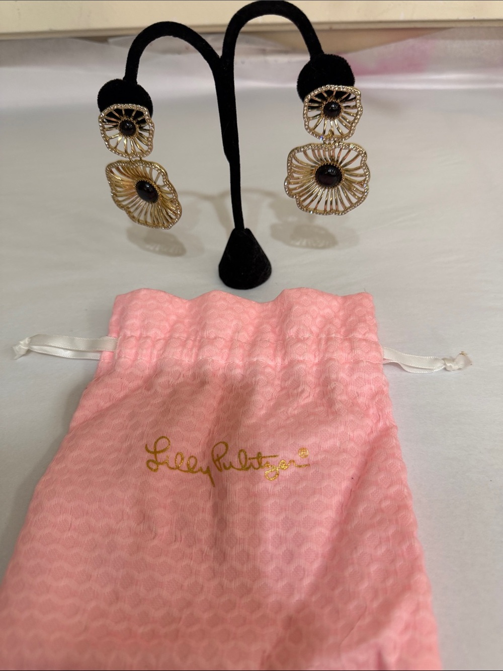 Lilly Pulitzer Gold Floral Double-Drop Earrings with Black Centers